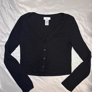 Black Ribbed Button-Up Cardigan